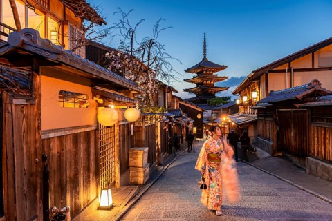 Woman in kimono in a lane