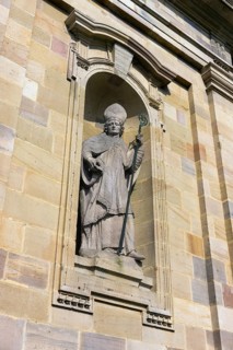 Statue of the monastery's founder Sturmius on the main portal of St. Salvator Cathedral of Fulda