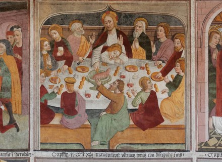 Wall painting 'Passion of Christ' in the pilgrimage chapel Sanctuaire Notre-Dame des Fontaines