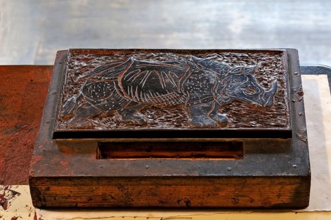 Relief printing plate made of wood with Duerer's rhinoceros