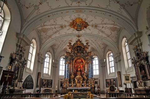 Altar room with a vaulted ceiling of the Parish Church and Pilgrimage Church of the Assumption of Mary