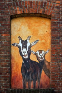 Mural of goats on the facade of a goat cheese dairy