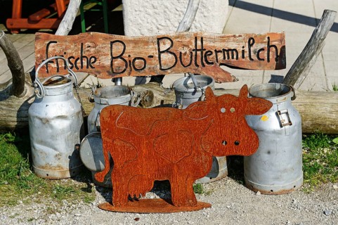 Milk cans in front of the Sonnenalm with a sign 'frische Bio-Buttermilch'