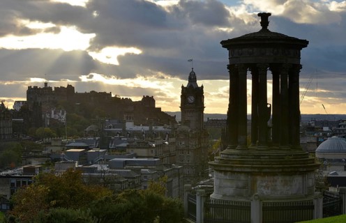 View from Calton Hill with the Dugald Stewart Monument on the Edinburgh Castle and the historic city center