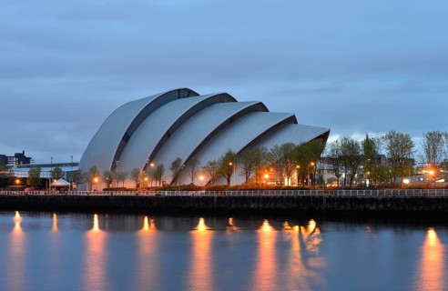 Illuminated Clyde Auditorium on the River Clyde