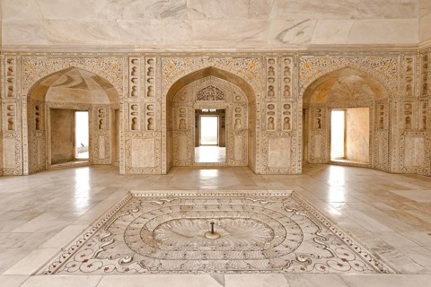 Coloured stone and glass inlays in the marble pavilion of Khas Mahal