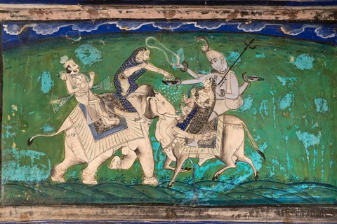 Woman on an elephant offering sacrifices to the god Shiva on Nandi