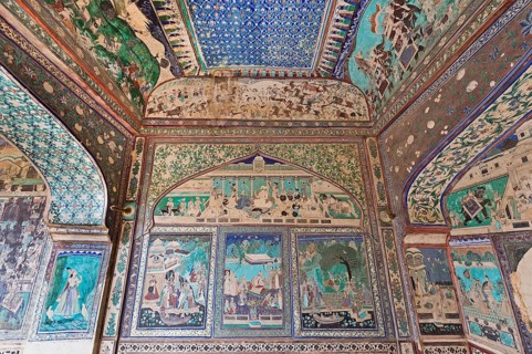 Wall paintings or frescoes painted with natural colours from the Bundikalam school of painting