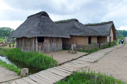 Reconstructed Viking houses with thatched roofs