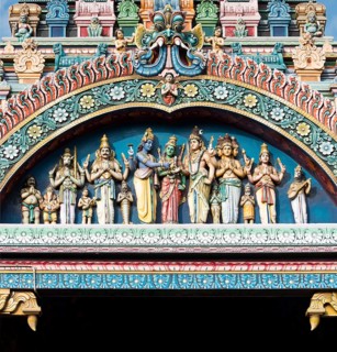 Characters from the epic Ramayana on the Gopuram or Gopura temple gateway