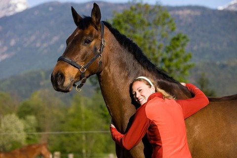 Young woman embracing an Austrian Warmblood