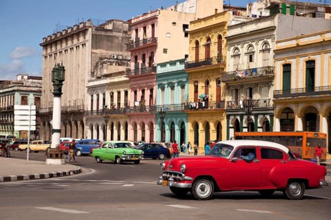 American classic cars from the '50s and colourful facades