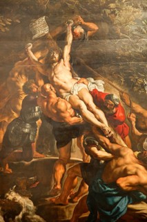 Detail of the painting The Raising of the Cross by Peter Paul Rubens inside the Cathedral of Our Lady