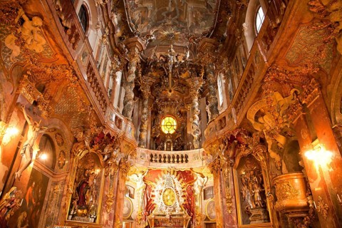 Interior of the late Baroque Asam Church or St. Johann Nepomuk Church