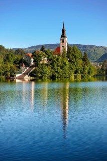 Cerkev Marijinega vnebovzetja or Assumption Church on Bled Island in the middle of Lake Bled