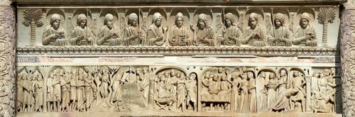 Medieval sculptural reliefs on the door of the Baptistry of St. John