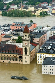 Historic town centre with the Town Hall and Hotel Wilder Mann during the flood on 3rd June 2013