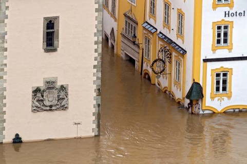 Town Hall with the flood water exceeding the historical flood level marker during the flood on 3rd June 2013