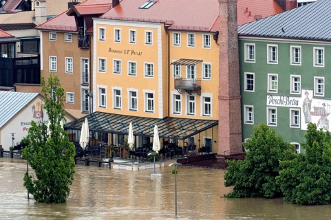 Flooded Peschl Braeu brewery and restaurant alongside the Danube River during the floods on 3rd June 2013