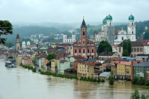 Historic town centre of Passau beside the Danube River during the floods on 3rd June 2013