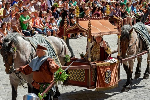 Duke Ludwig the Rich being carried by horses in a litter