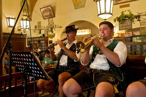Marching band performing in the 'Schwemme'