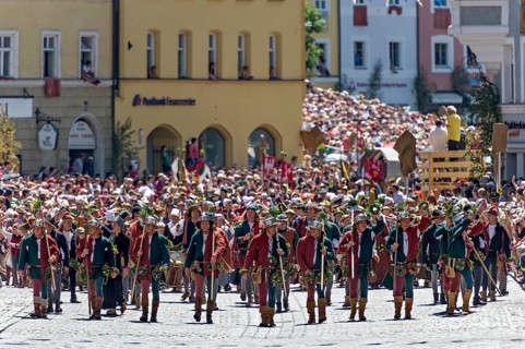 Bailiffs at the front of the wedding procession in medieval costumes to celebrate 'Landshut Wedding 1475'