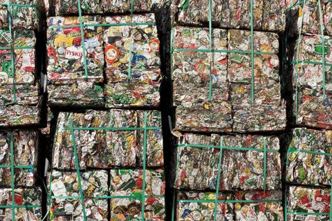 Stacks of crushed aluminium cans
