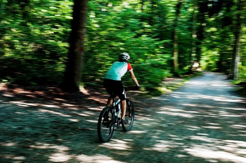 Woman riding a mountain bike along the Forstweg trail in Feldafinger Park