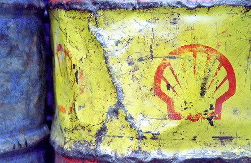 Old barrels with the Shell logo