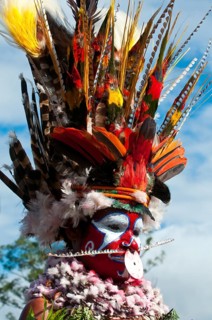 Member of a tribe in a colourfully decorated costume with face paint at the traditional sing-sing gathering
