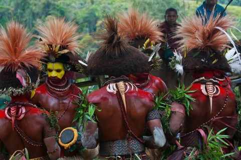 Colourfully decorated and painted men celebrating the traditional Sing Sing in the highlands