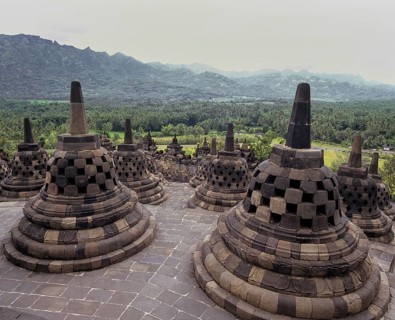 Stupas on the terrace of the temple complex of Borobudur