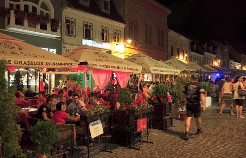 Street cafes in the pedestrian zone of the historic town centre of Brasov