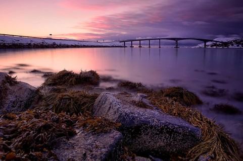 Bridge with fjord in the evening light