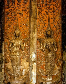 Sculptural decorated entrance door of Wat Si Saket Temple