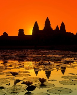 Main temple of Angkor Wat reflected in a lotus pond