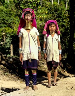 Long-necked woman and a girl of the Padaung mountain tribe
