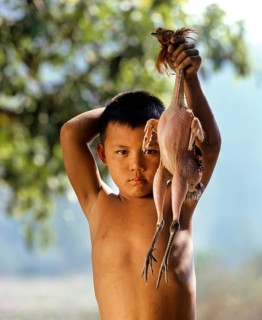 Akha boy presenting a plucked chicken