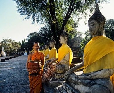Monk with a begging bowl standing next to seated Buddha statues in the gardens of the Wat Yai Chai Mongkon Temple