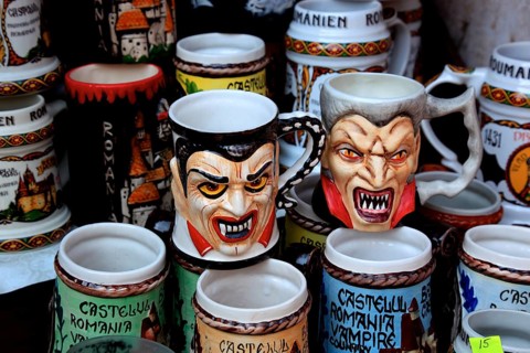 Mugs with Dracula designs in a souvenir shop at Bran Castle