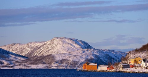 Fishing village beside a fjord with wintry mountains
