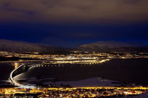 Bridge over fjord at night