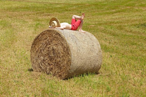 Boy lying on a bale of straw