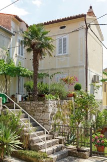 Plant decorations on a staircase outside a house