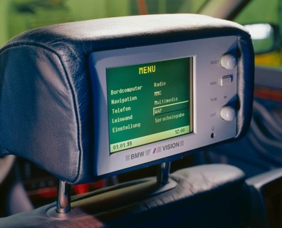 Headrest in a BMW with a built-in monitor with internet access