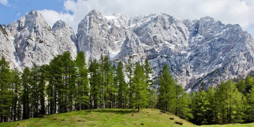 Mountain landscape near the Vrsic Pass with the 2547m high Prisojnik Mountain