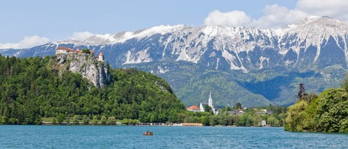 Lake Bled with The Karawanks mountain range in Bled