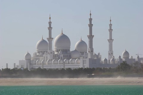 View of the Sheikh Zayed Mosque across the Khor Al Maqta channel