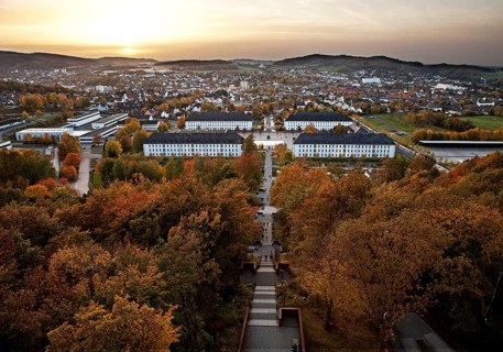 View from Juebergturms tower over Sauerlandpark in autumn and the city center of Hemer